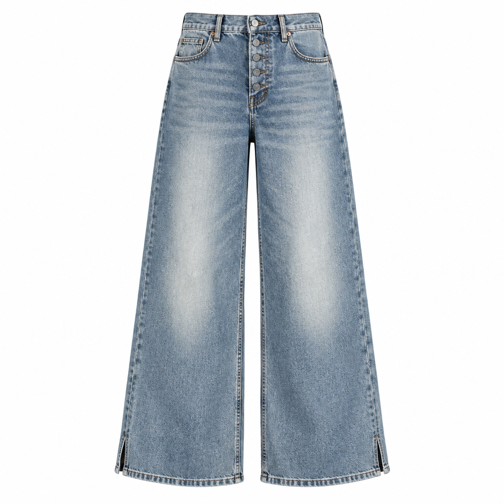 Women's faded blue washed wide-leg denim jeans ghost mannequin on white background