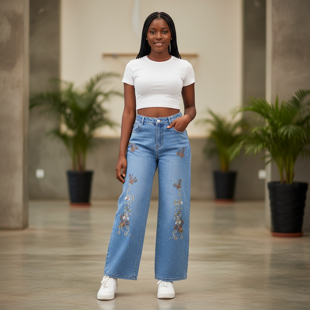 Light Blue Butterfly Embroidered Rhinestone Wide-Leg Jeans – Model Shot