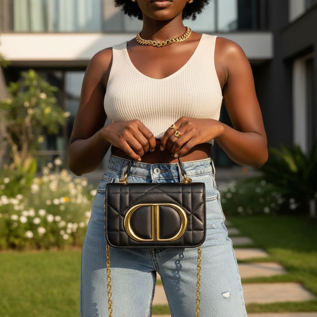 Women's Black Quilted 2-in-1 Convertible Bag – Nigerian Model Hand Shot