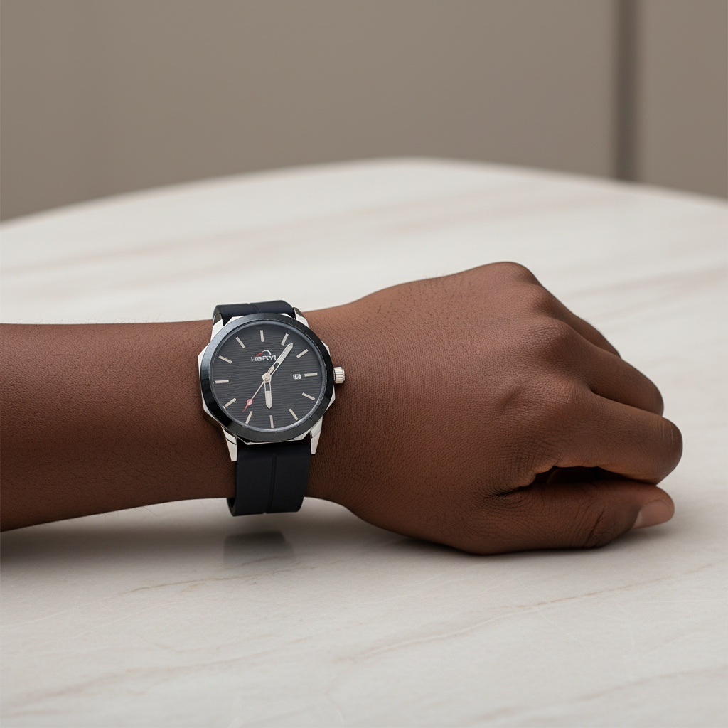 Black faceted round watch worn on a wrist