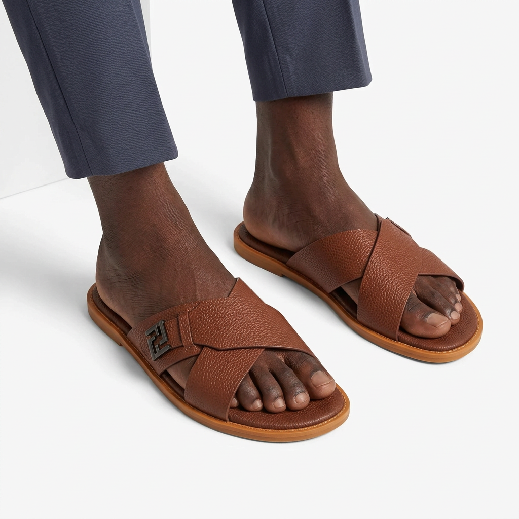 Both brown cross-strap slides worn by a Nigerian male model on white