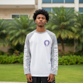 Nigerian male model wearing men's white grey raglan gothic print long sleeve shirt