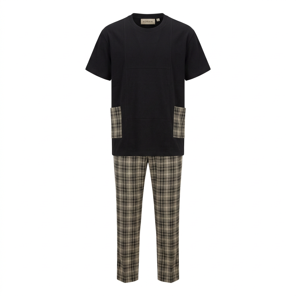 Black plaid-pocket top and matching check trousers on white background