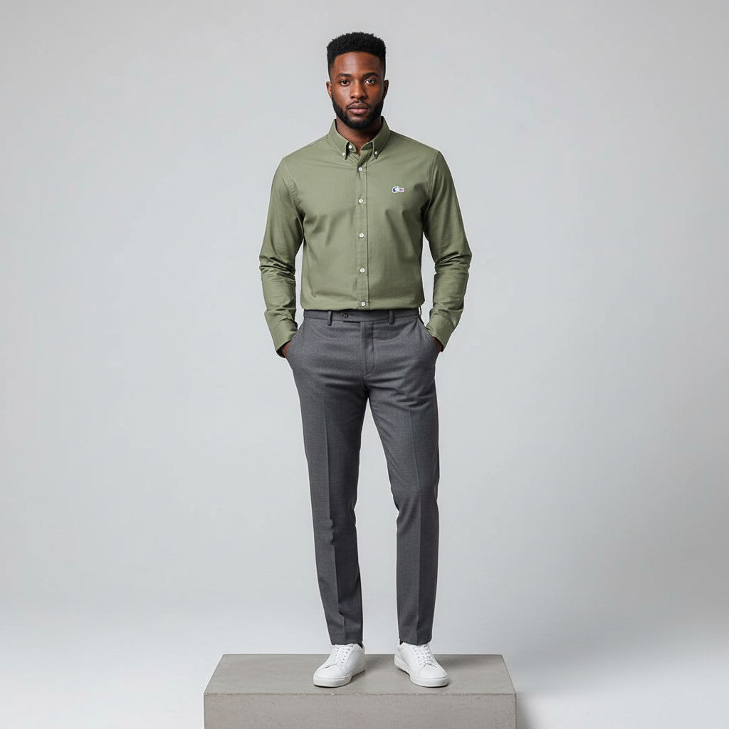 Nigerian male model wearing olive green plain long-sleeved shirt, front view