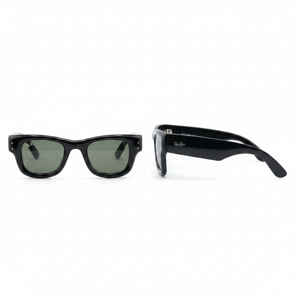 Unisex gloss black wayfarer sunglasses with deep green tinted lenses – front and side view on white background
