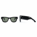 Unisex gloss black wayfarer sunglasses with deep green tinted lenses – front and side view on white background