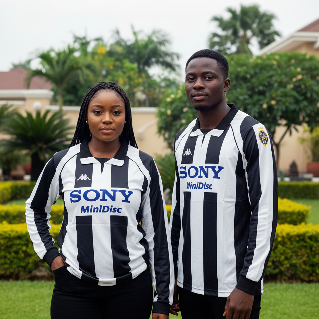 Nigerian female and male models wearing the black and white striped long-sleeve retro football jersey