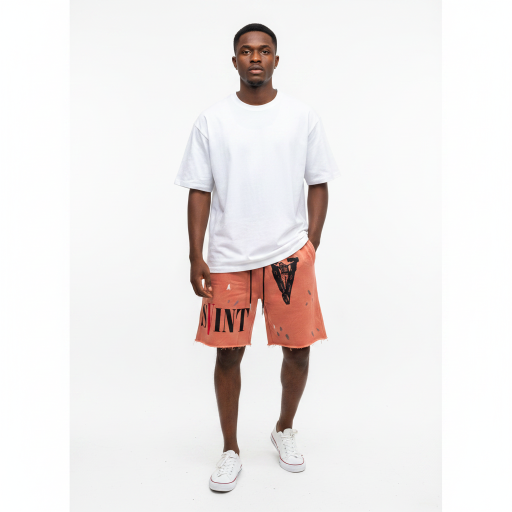 SVINT Distressed Graphic Shorts Salmon – Model Shot
