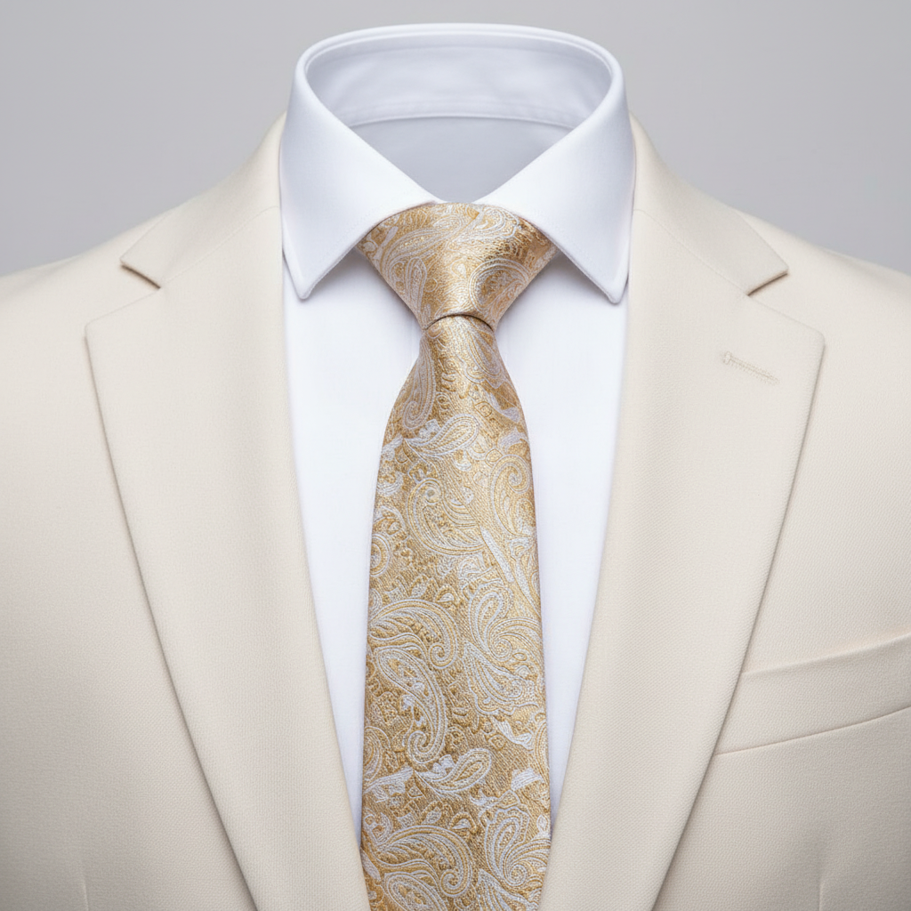Men's champagne gold tonal paisley jacquard woven necktie on ghost mannequin with white shirt and ivory suit