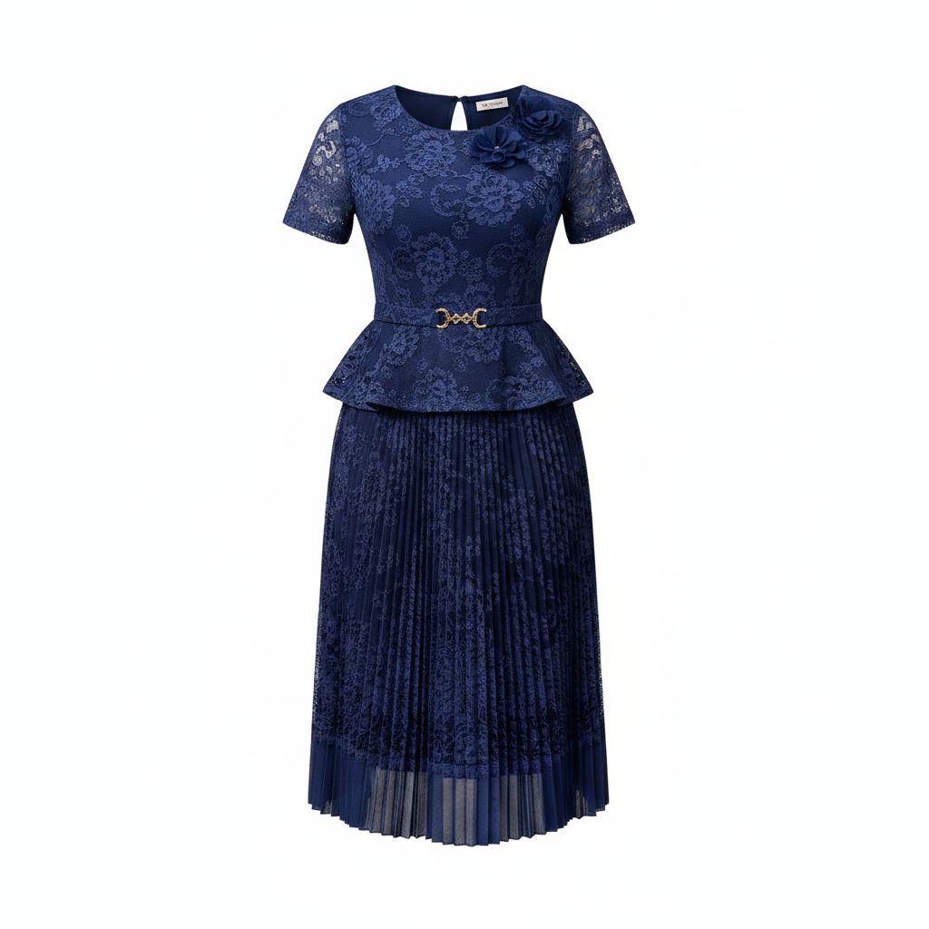 Ghost mannequin view of navy blue lace floral peplum top and pleated midi skirt set