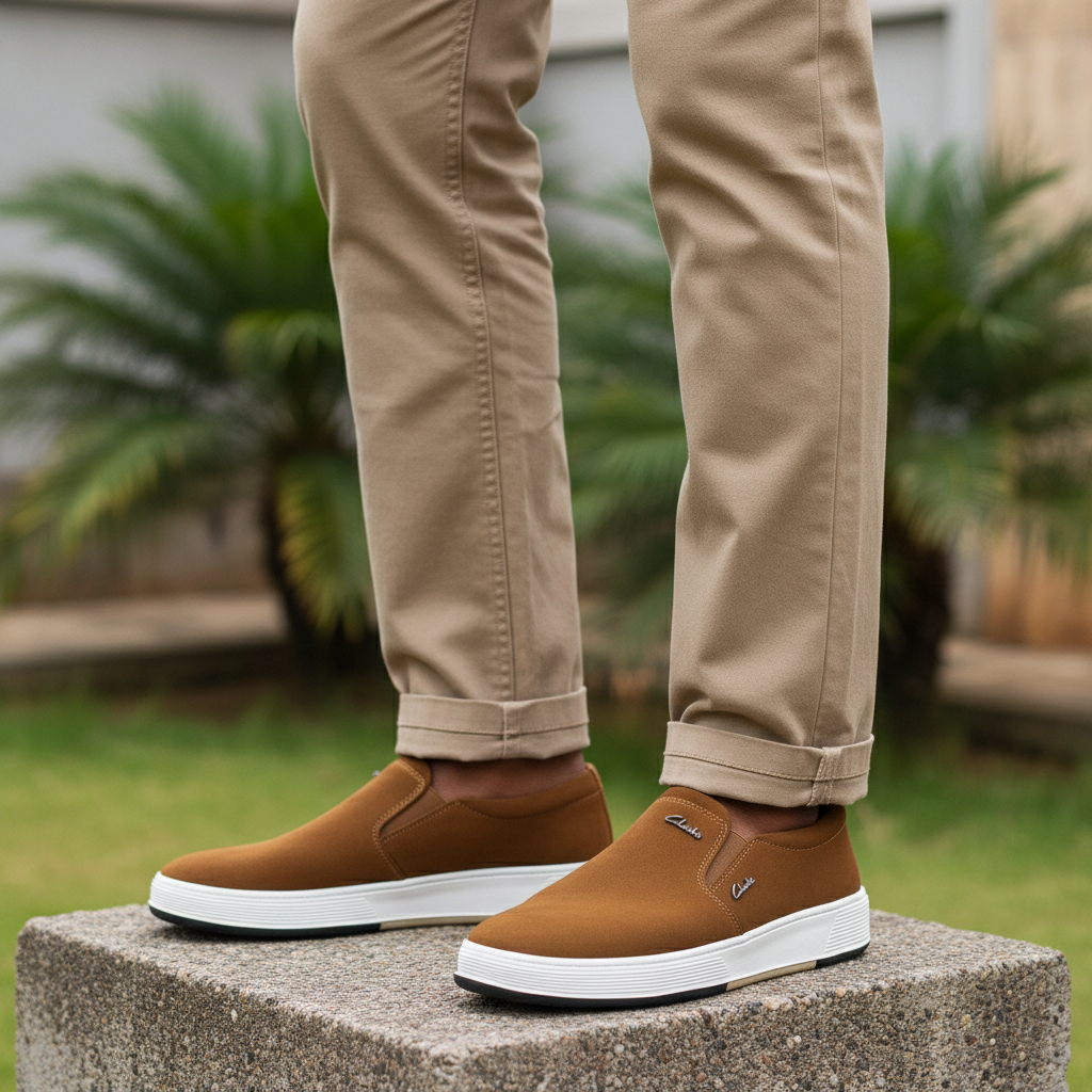 Leg-focused shot of Nigerian male model wearing tan brown suede slip-on sneakers with white cupsole