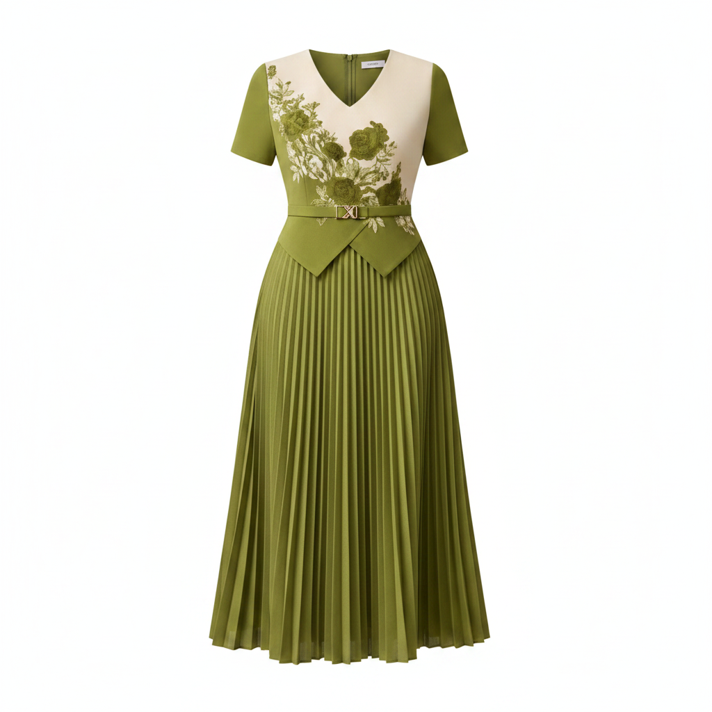 Olive green and cream pleated midi gown with floral appliqué bodice, ghost mannequin view