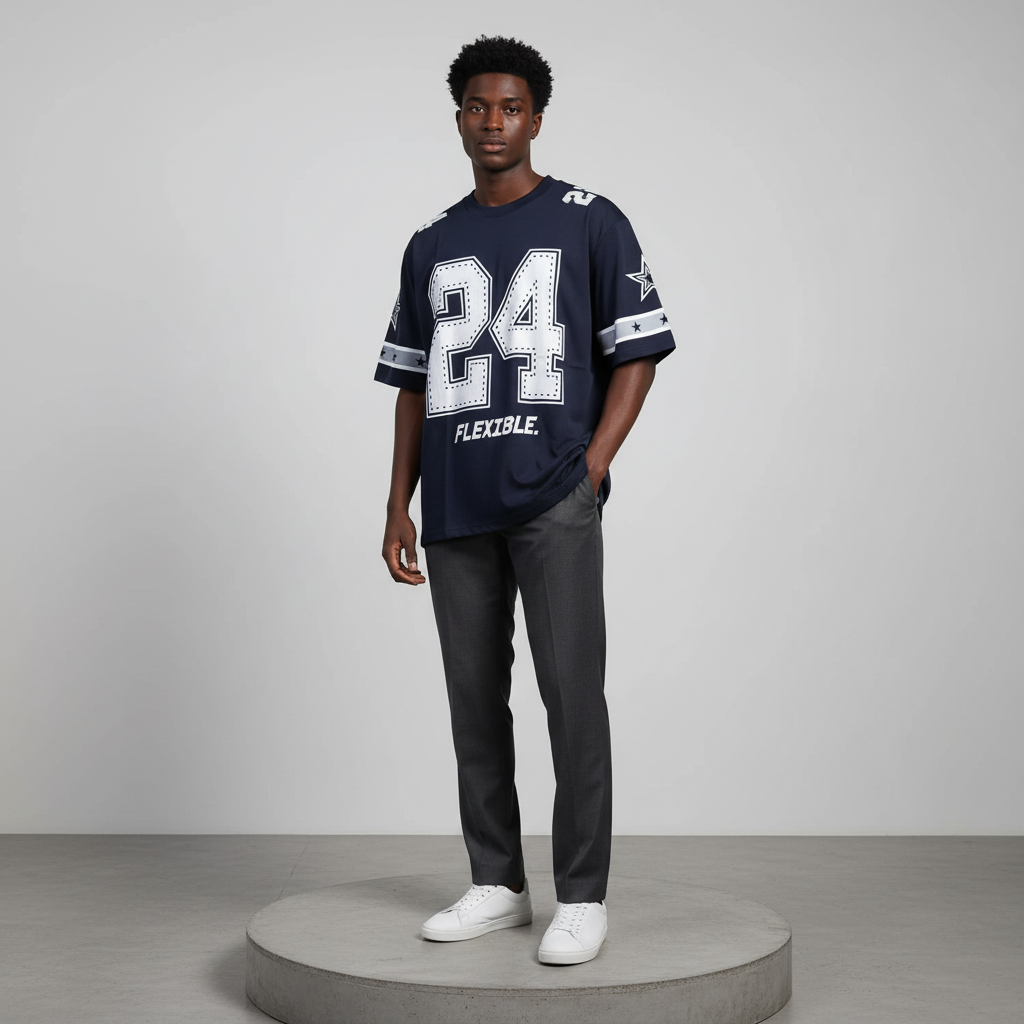 Nigerian male model wearing navy blue #24 varsity jersey shirt, front view