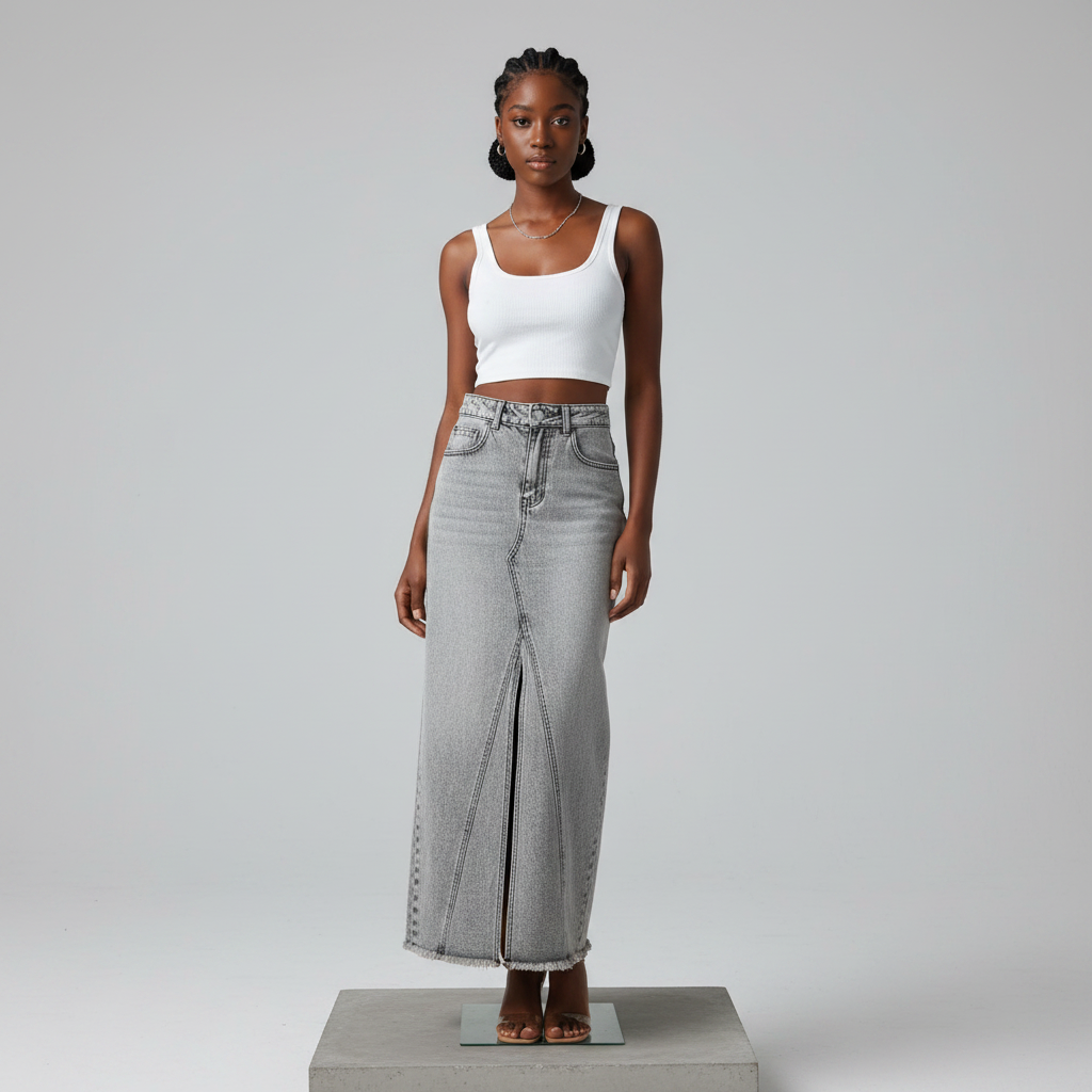 Grey Snow Wash Denim Maxi Skirt - Model Shot
