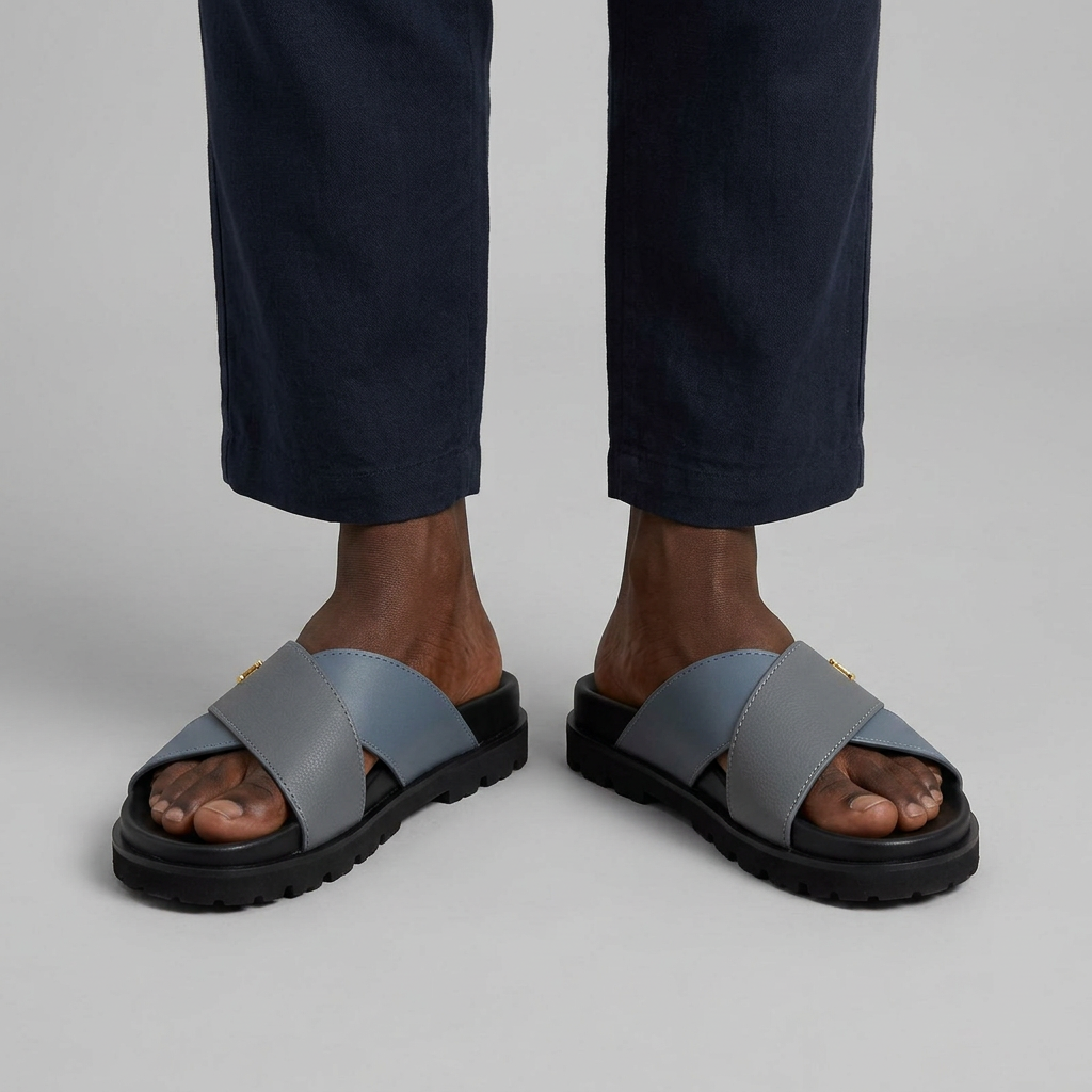 Man wearing grey cross-strap slide slippers with gold detail on a plain studio background