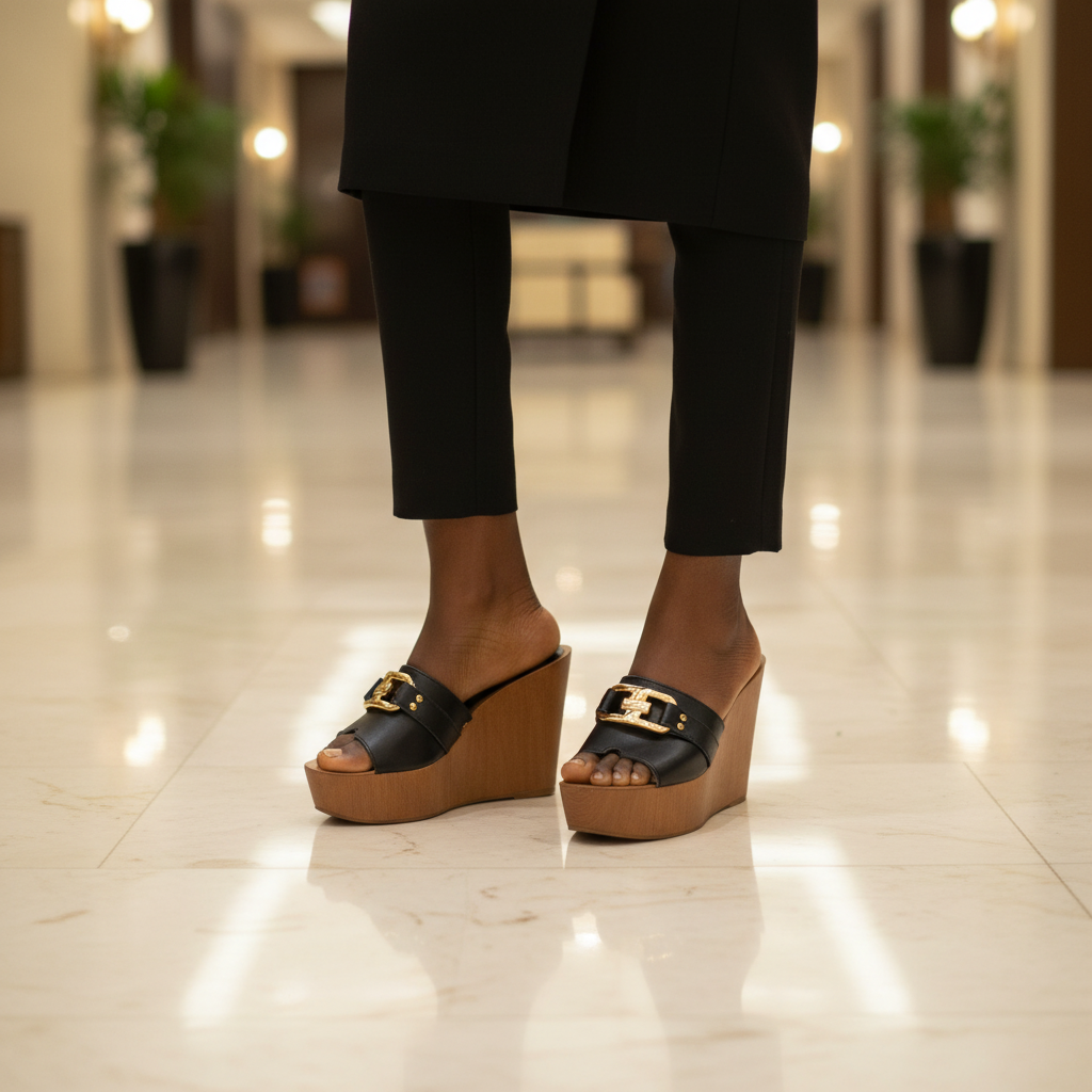Nigerian female model wearing black leather gold buckle cork wedge mule shoes, tight zoomed-in chic luxury leg focus lifestyle shot