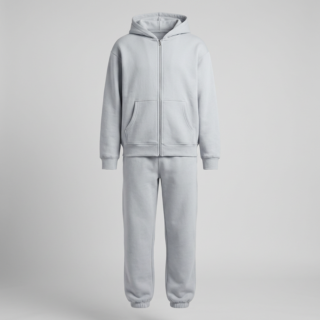 Light grey zip-up hoodie and cuffed jogger set in ghost mannequin styling