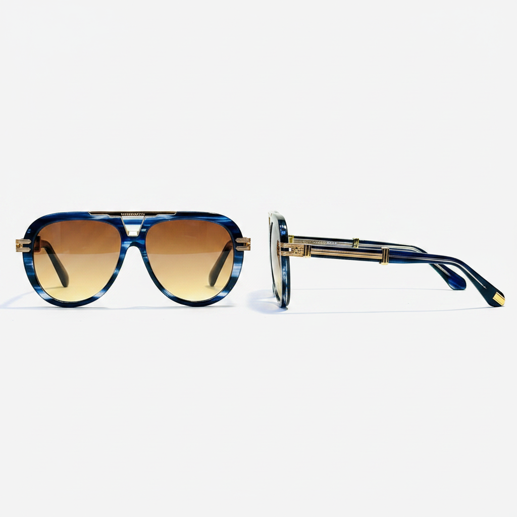 Unisex oversized aviator sunglasses blue marble acetate frame gradient amber brown lens gold bar bridge and temple hardware – front and side view