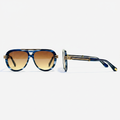 Unisex oversized aviator sunglasses blue marble acetate frame gradient amber brown lens gold bar bridge and temple hardware – front and side view