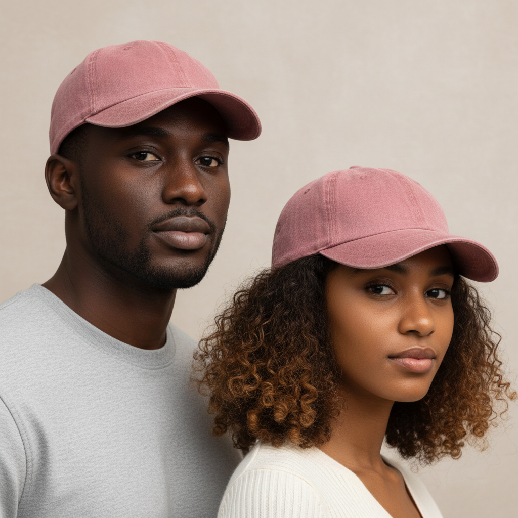 Nigerian male and female models wearing dusty rose pink washed cotton dad cap