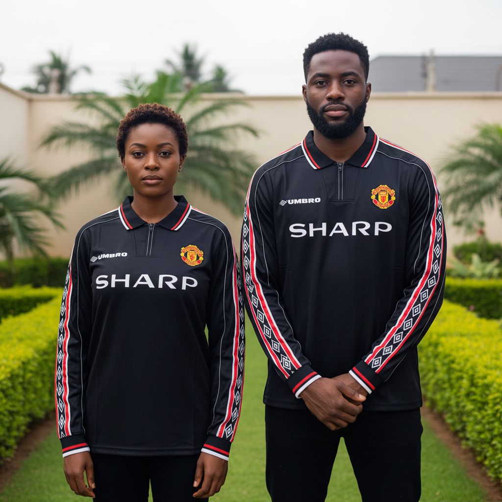 Nigerian female and male models wearing the all-black long-sleeve football jersey with diamond tape sleeves