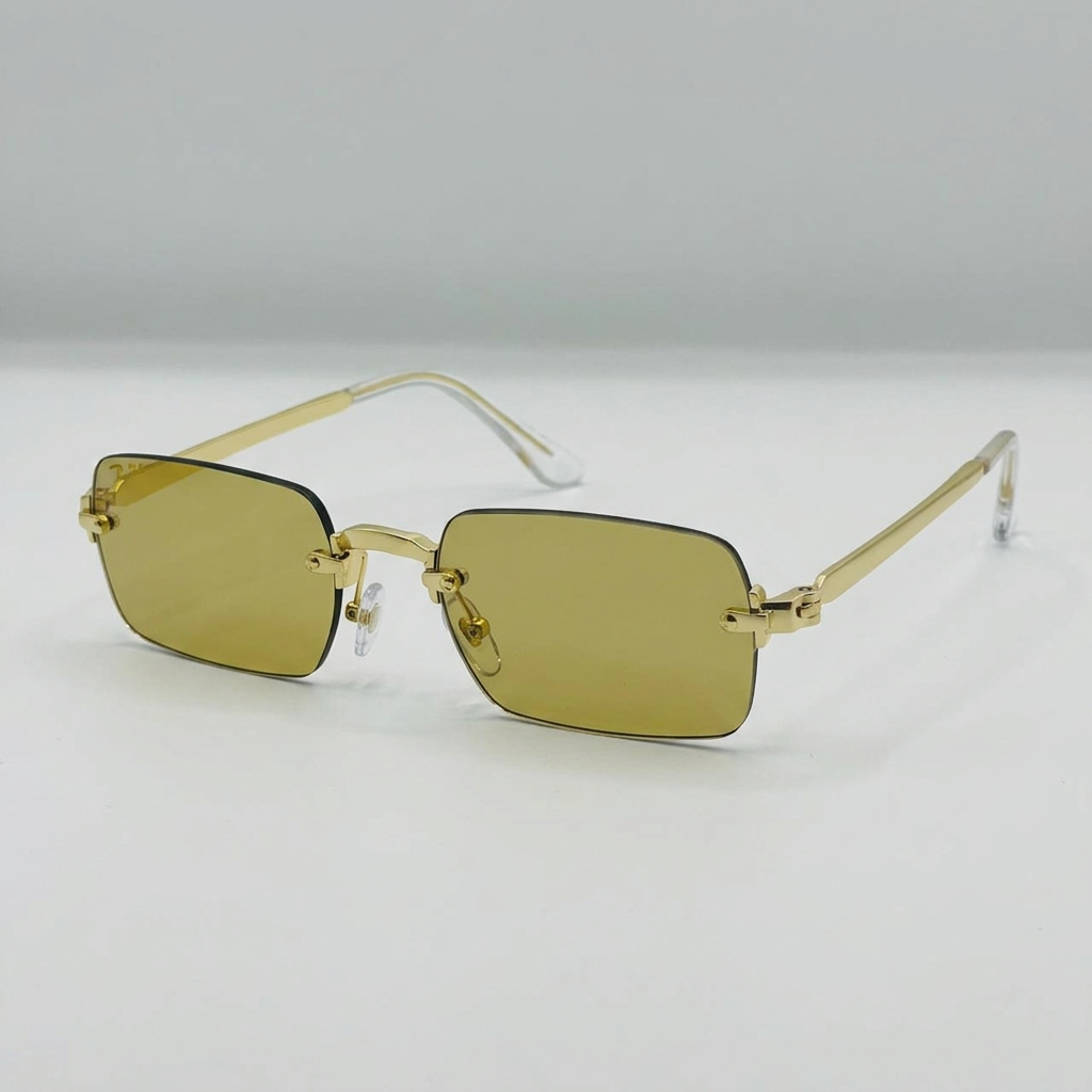 AI-edited gold-tone rimless rectangular sunglasses with olive-yellow lenses