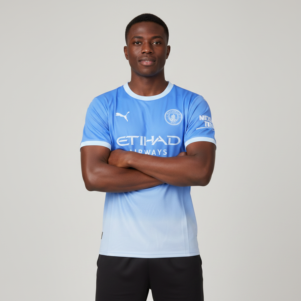 Nigerian male model wearing Manchester City home jersey
