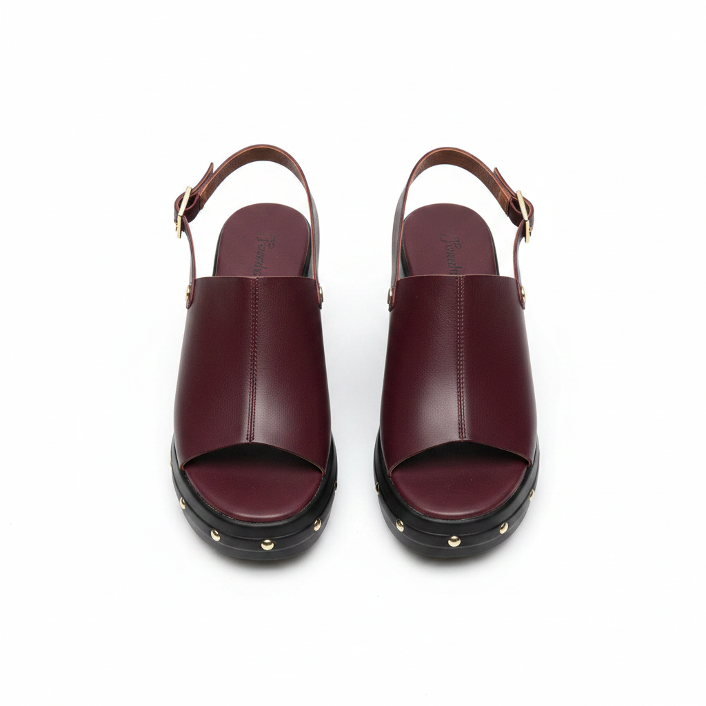 Pair of burgundy wine leather open-toe platform wedge sandals with silver studded black sole and gold buckle