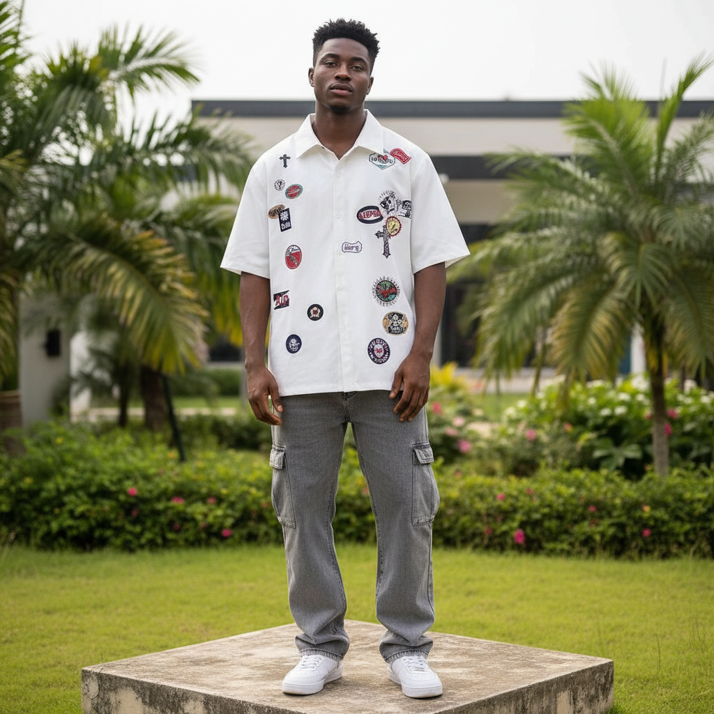 Nigerian male model wearing white multi-patch badge graphic polo shirt – full body lifestyle shot