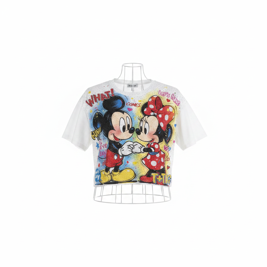 White Mickey & Minnie Graffiti Rhinestone Crop Top - Ghost Mannequin