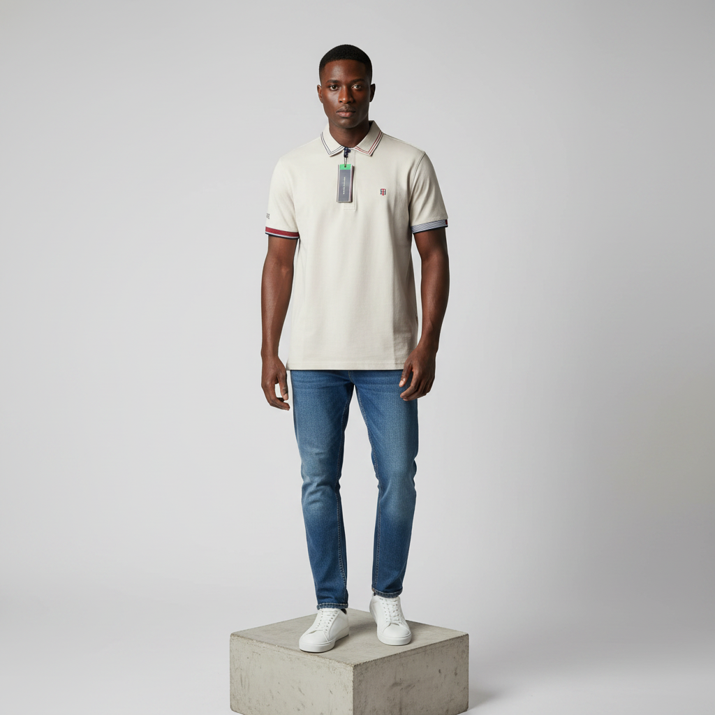 White Polo Shirt with Striped Collar & Cuff Trim - Model Front