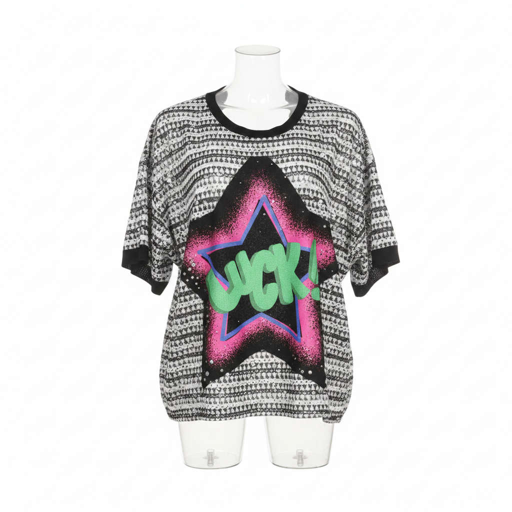 Houndstooth Star Graffiti Graphic Oversized Top - Ghost Mannequin Front View