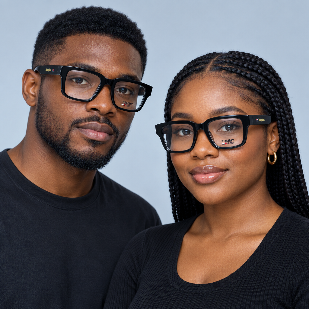 Black rectangular clear-lens eyeglasses worn by a Black adult man and woman