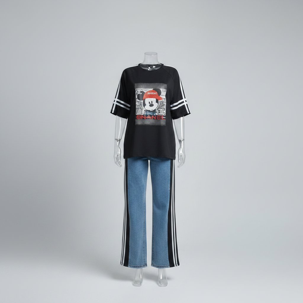 Ghost mannequin front view rectified - black graphic top and blue denim striped jeans set