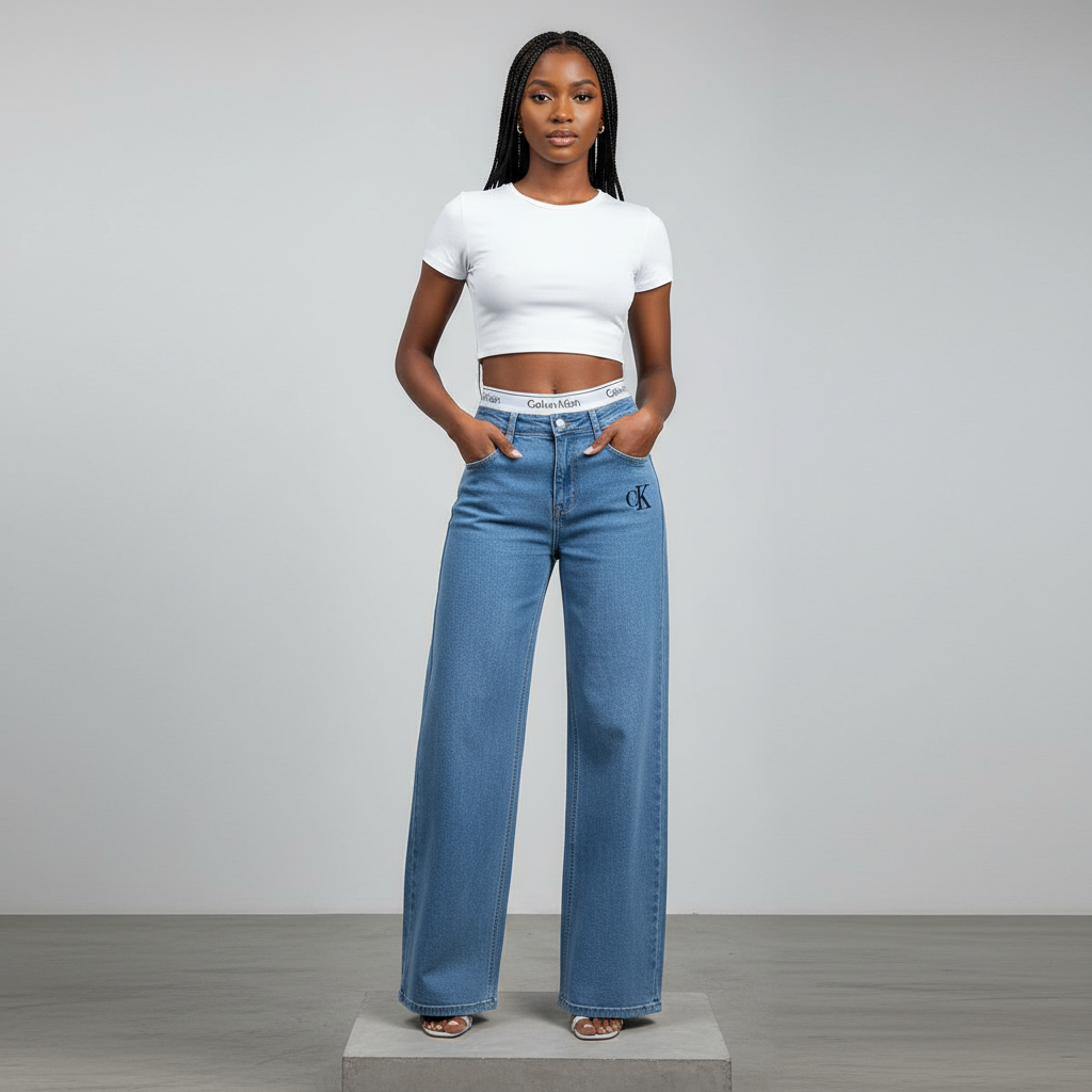Nigerian female model wearing light blue CK wide-leg high-rise jeans