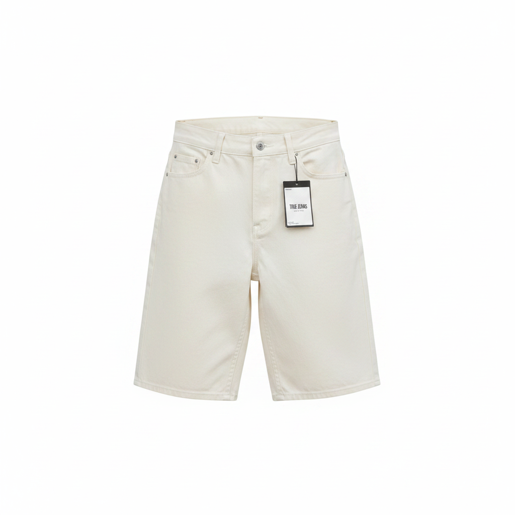Unisex Cream Denim Jorts – Ghost Mannequin Front View