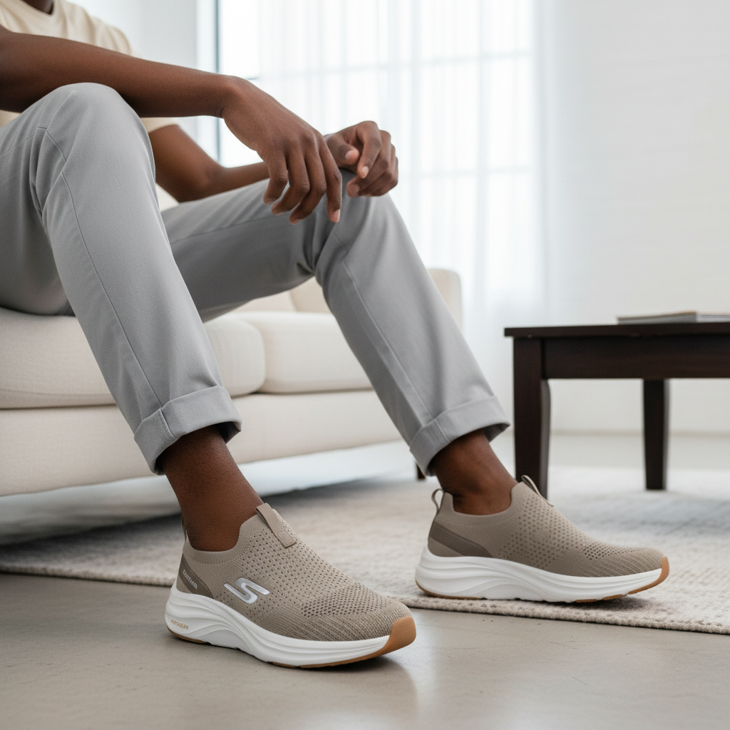 Skechers Taupe Slip-On Knit Sneaker - Model Shot