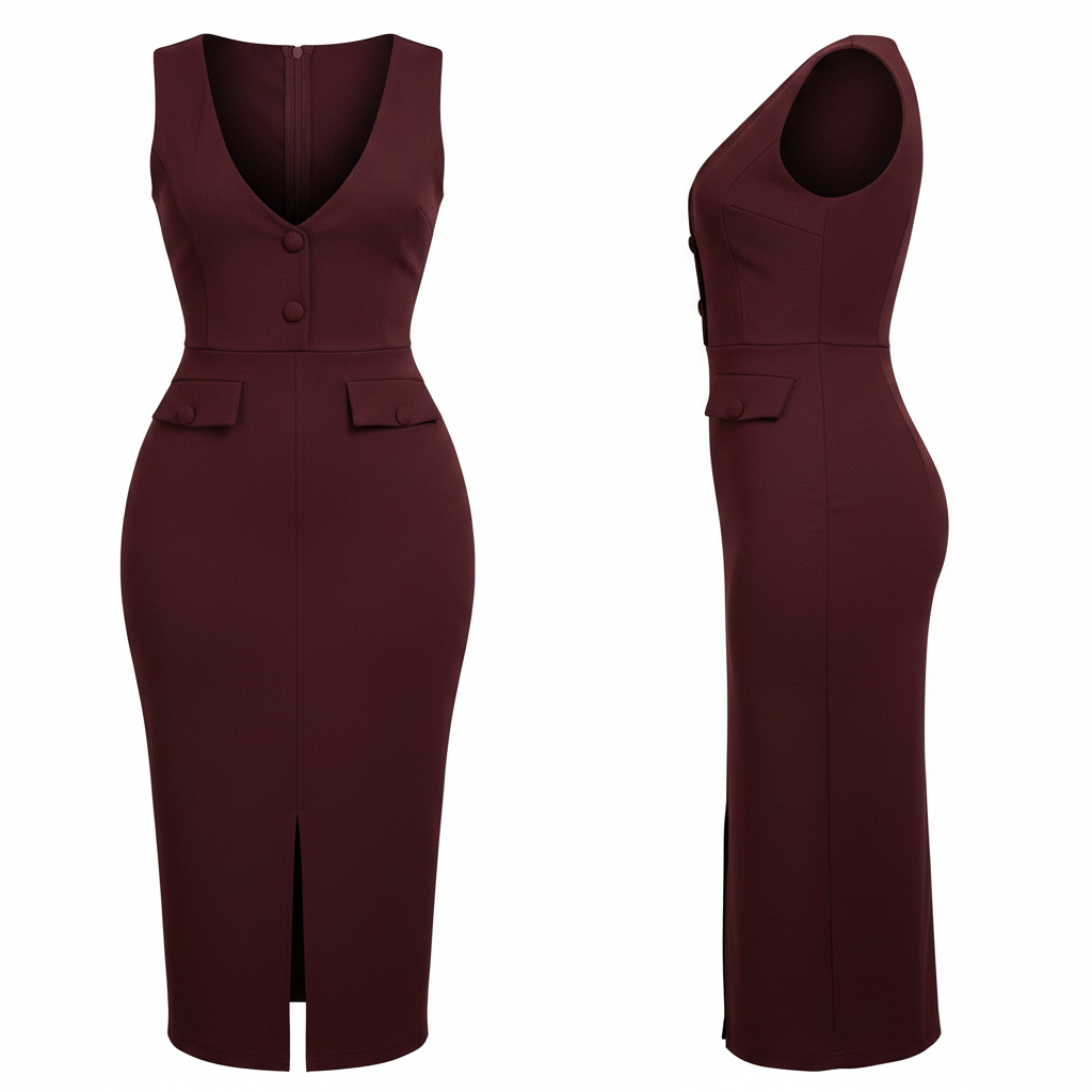 Women's Burgundy V-Neck Pinafore Midi Dress – Ghost Mannequin Front and Side View