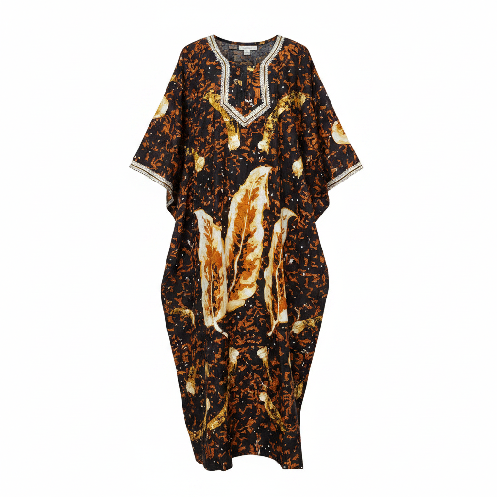 Ghost mannequin view of women's dark brown floral bubu dress with gold and orange print and decorative neckline
