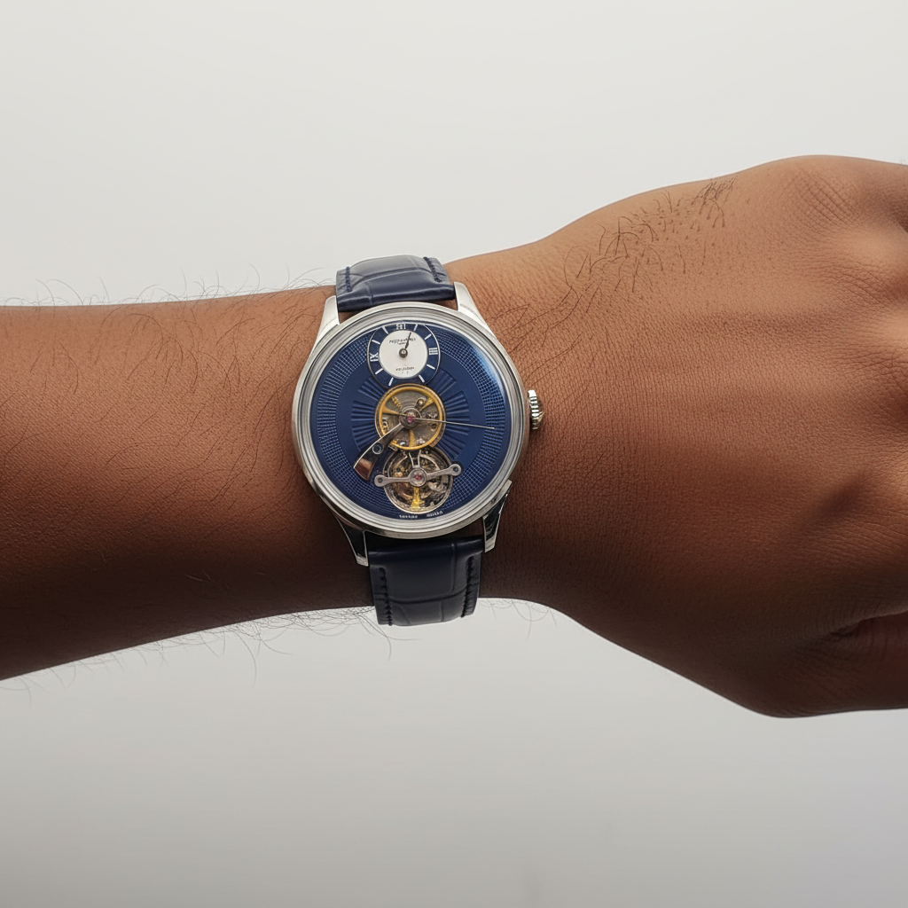 Men's Navy Blue Dial Silver Tourbillon Automatic Watch – Nigerian Male Model Wrist Shot