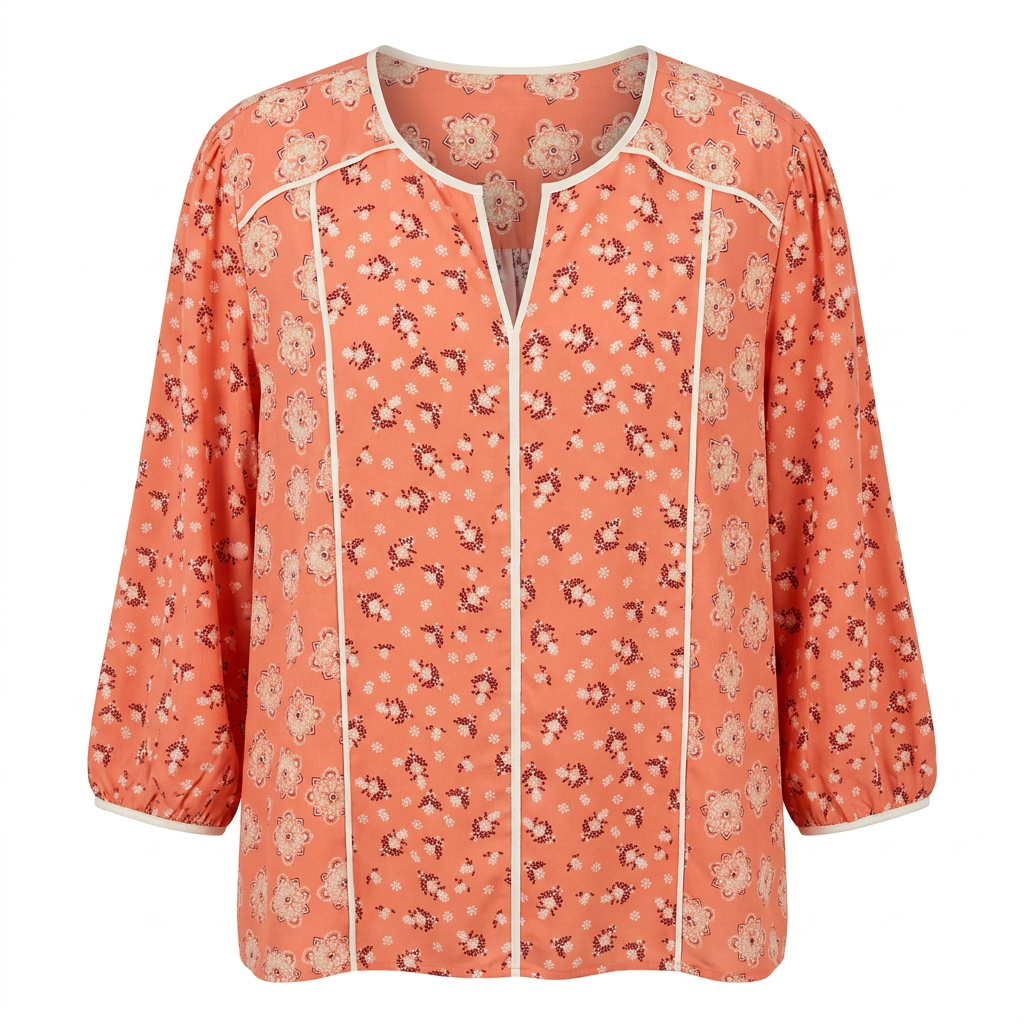 Coral floral split-neck blouse with cream piping on an invisible mannequin