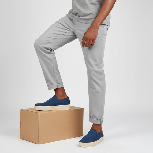 Nigerian male model wearing men's slip-on sneakers, both feet visible