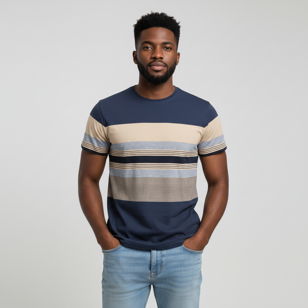 Front model view – Navy Stripe Crew Neck Tee