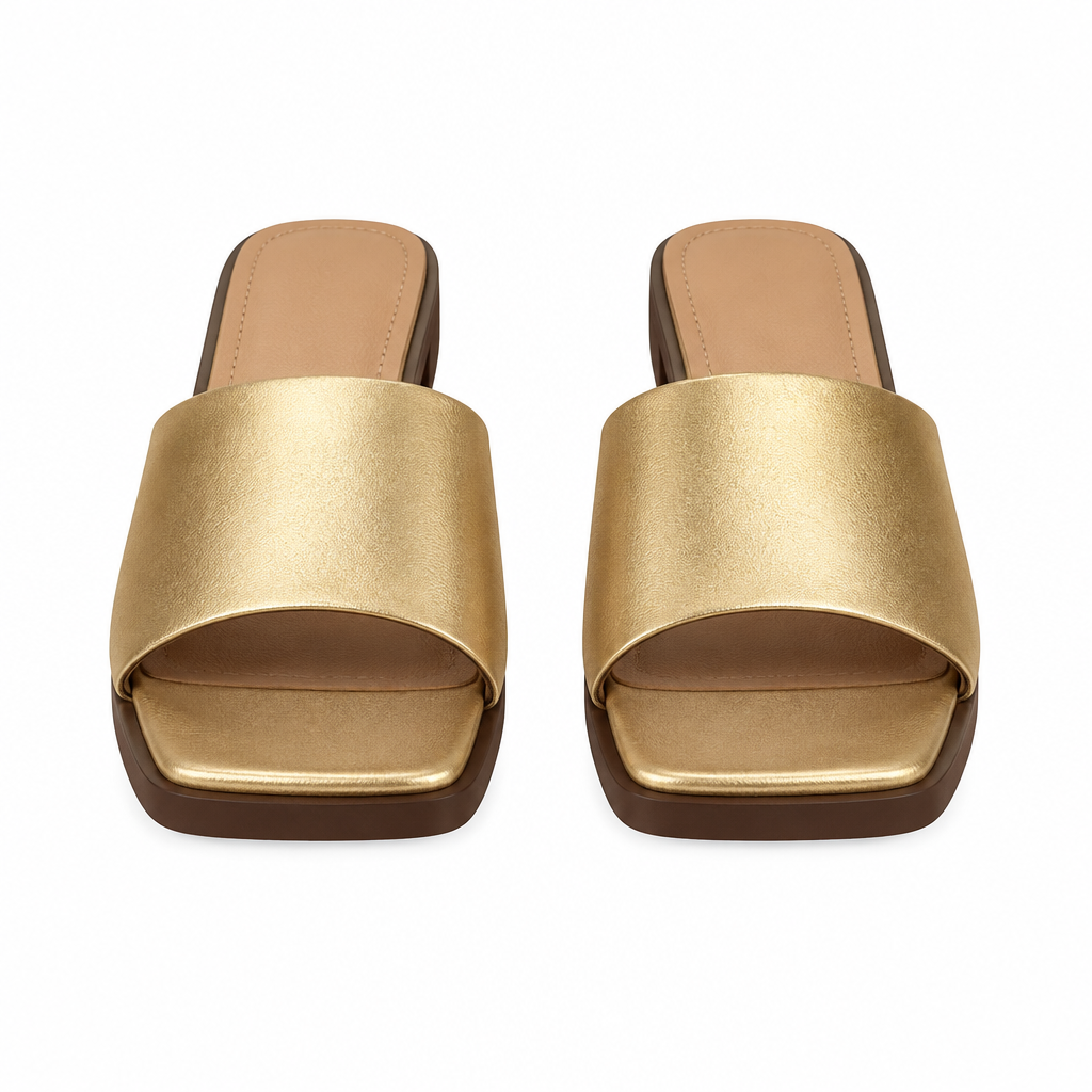 Gold block heel slide sandals with a wide single strap and brown heel, full pair shown straight-on from the front