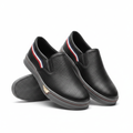 Men's all-black perforated leather slip-on sneakers with tricolour stripe pair product shot