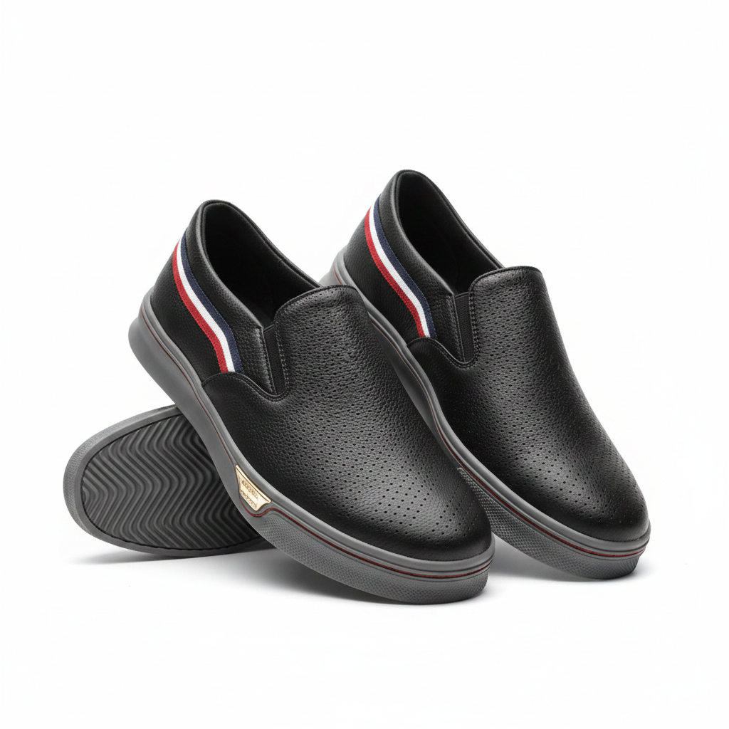 Men's all-black perforated leather slip-on sneakers with tricolour stripe pair product shot