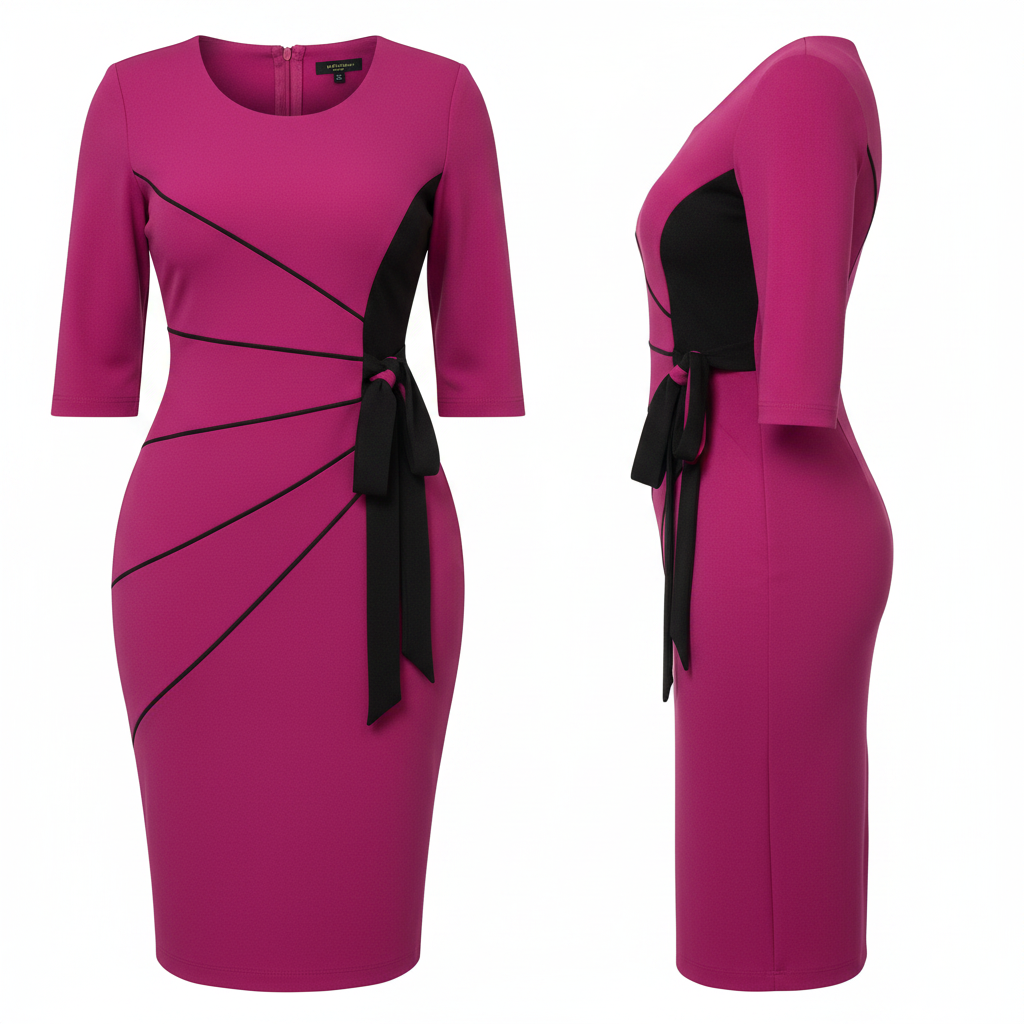 Women's Magenta Bow-Tie Contrast Seam Bodycon Midi Dress – Ghost Mannequin Front and Side View