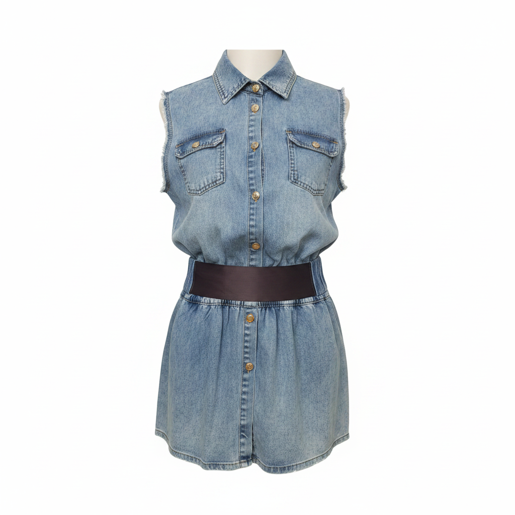Light Blue Denim Sleeveless Shirt Dress - Ghost Mannequin Front