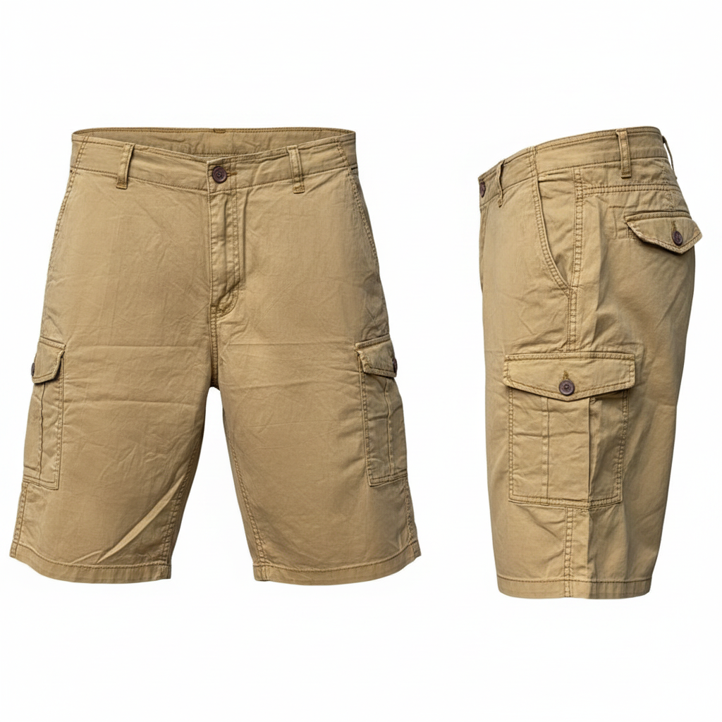 Khaki washed cotton cargo shorts ghost mannequin front and side view