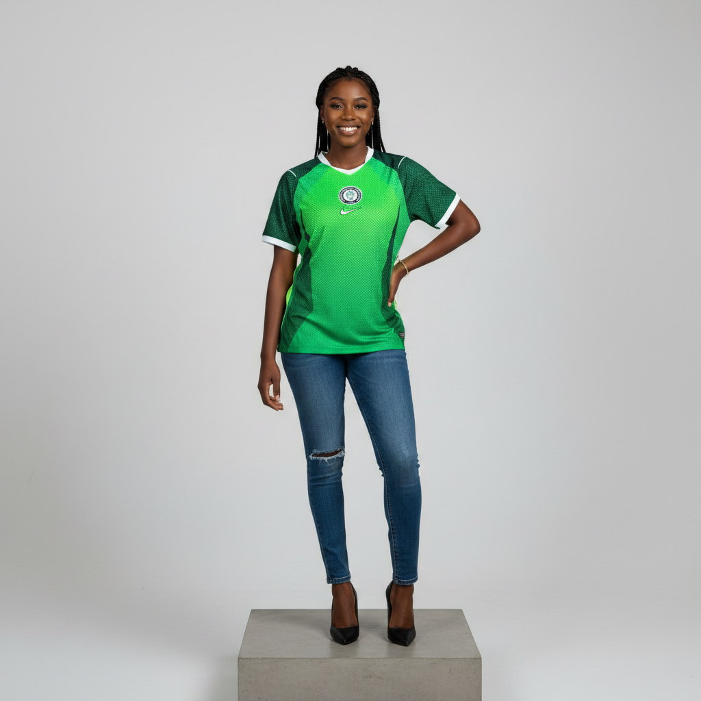 Nigerian female model wearing lime green neon yellow panel football jersey on concrete plinth